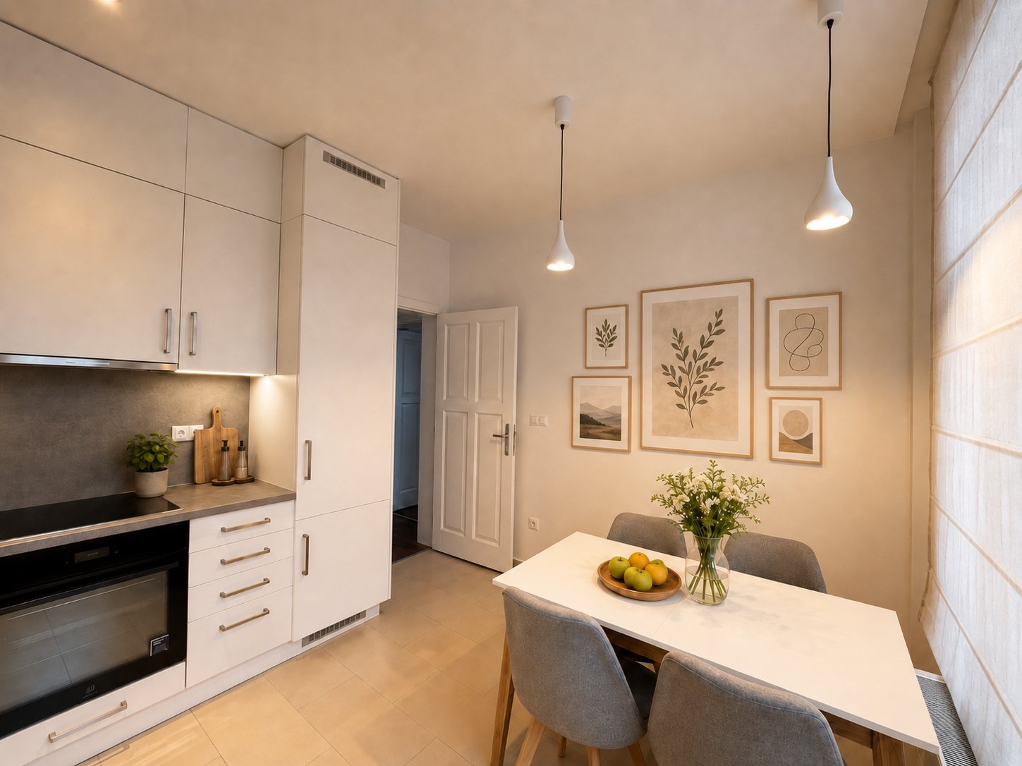 Kitchen and dining area on the residential floor: white units, dark worktop, dining table, framed botanical prints on the wall