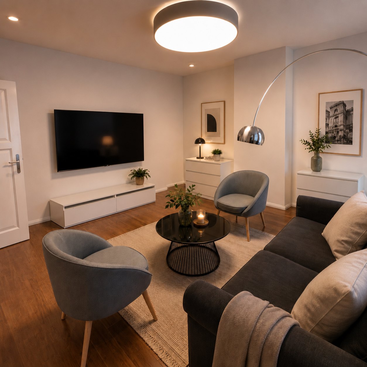 Living room with a dark sofa, two grey armchairs, a wall-mounted television and an arc lamp