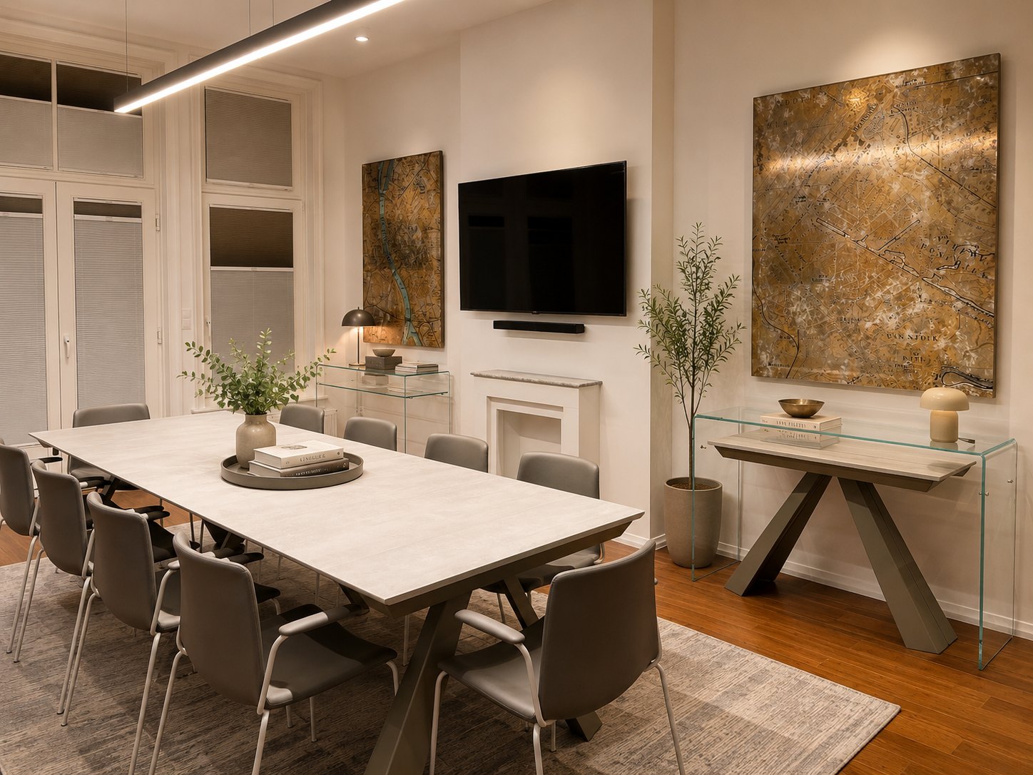 Meeting room in the office in The Hague: a long pale table, grey chairs, a glass console table, archive maps printed on canvas on the wall