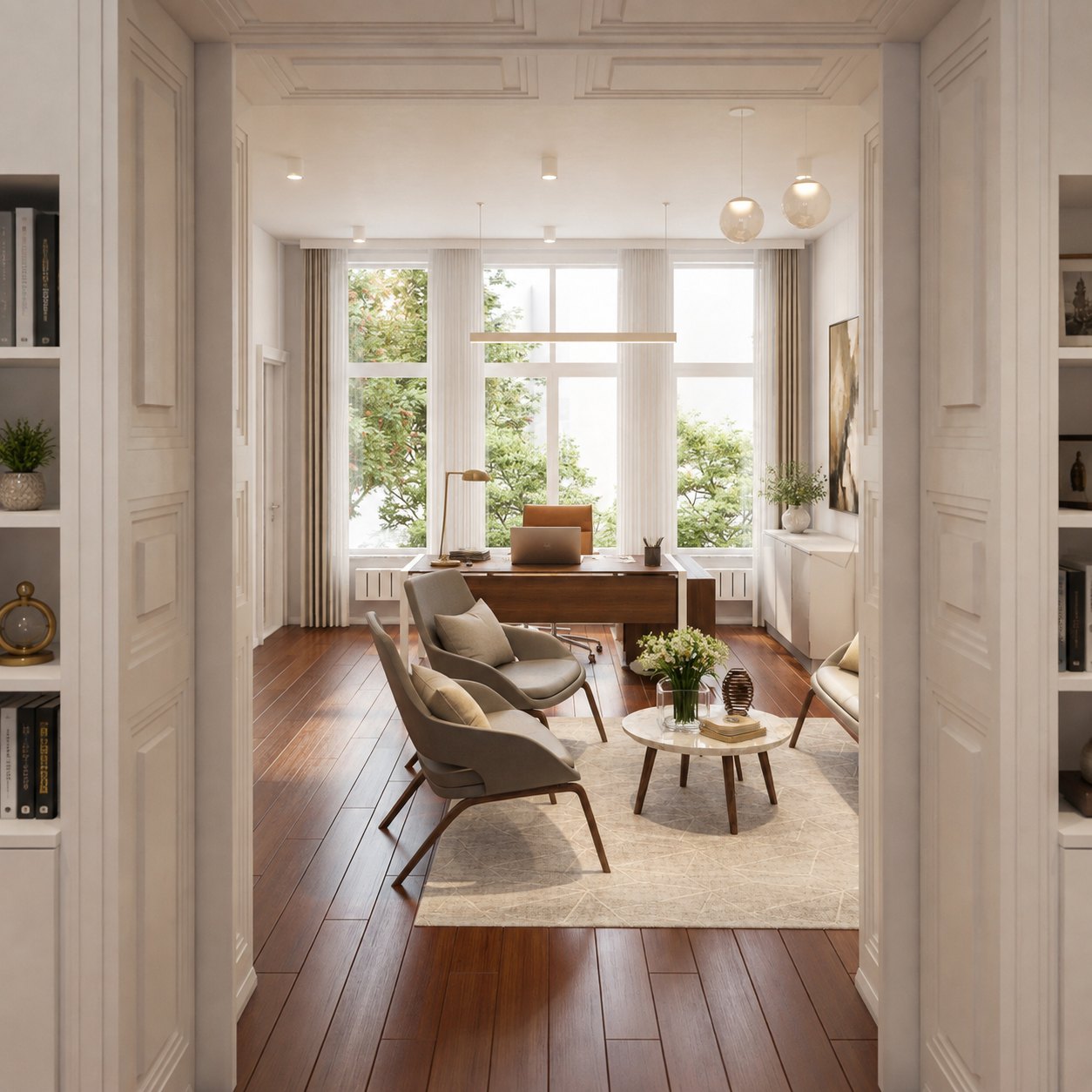 Render of the director’s room: coffered ceiling, moulded double doors, a desk in front of the tall windows, armchairs and small tables