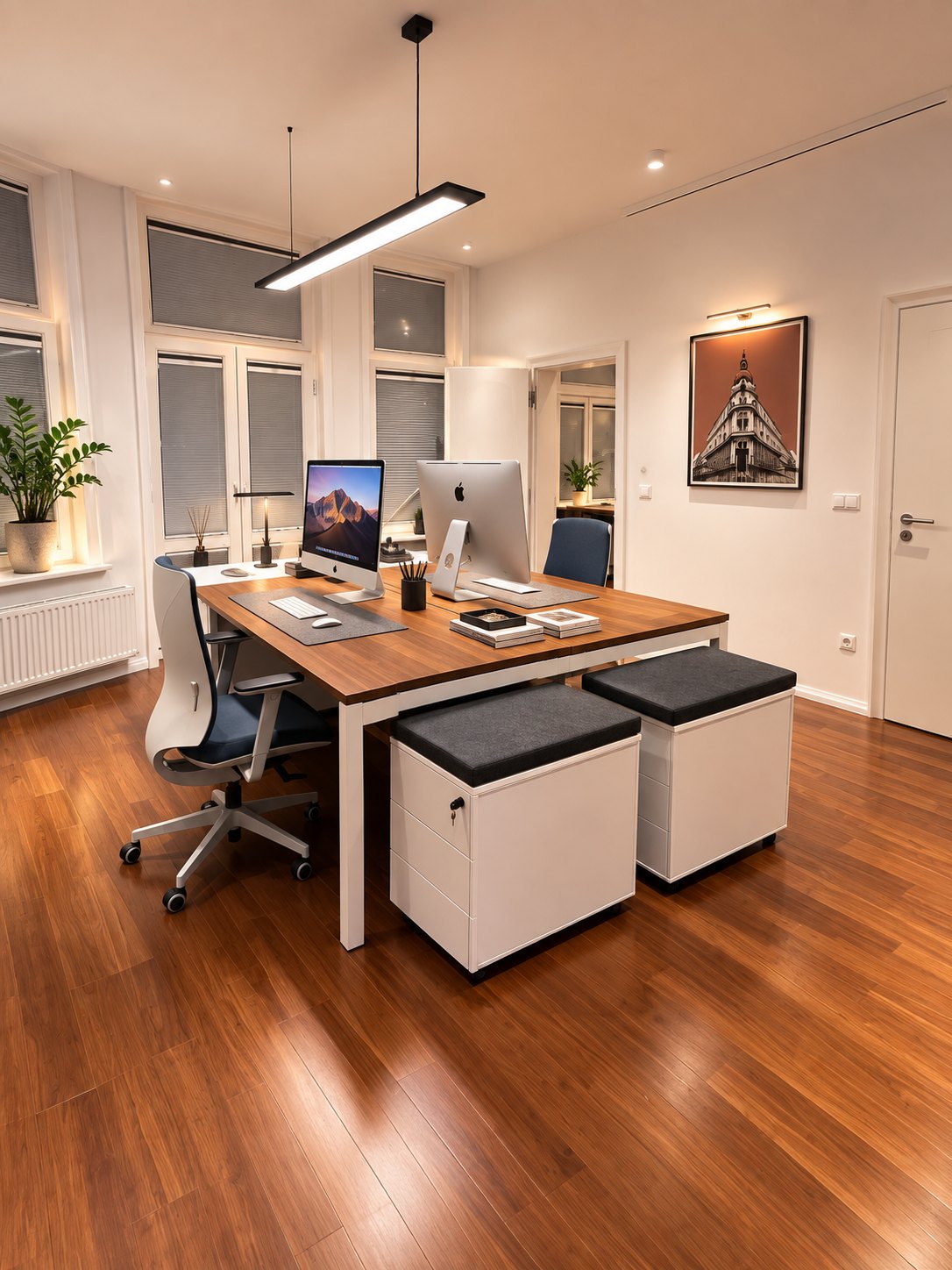 A work room with two desks pushed together, white pedestals, a suspended linear fitting, and a canvas print of a Budapest building on the wall