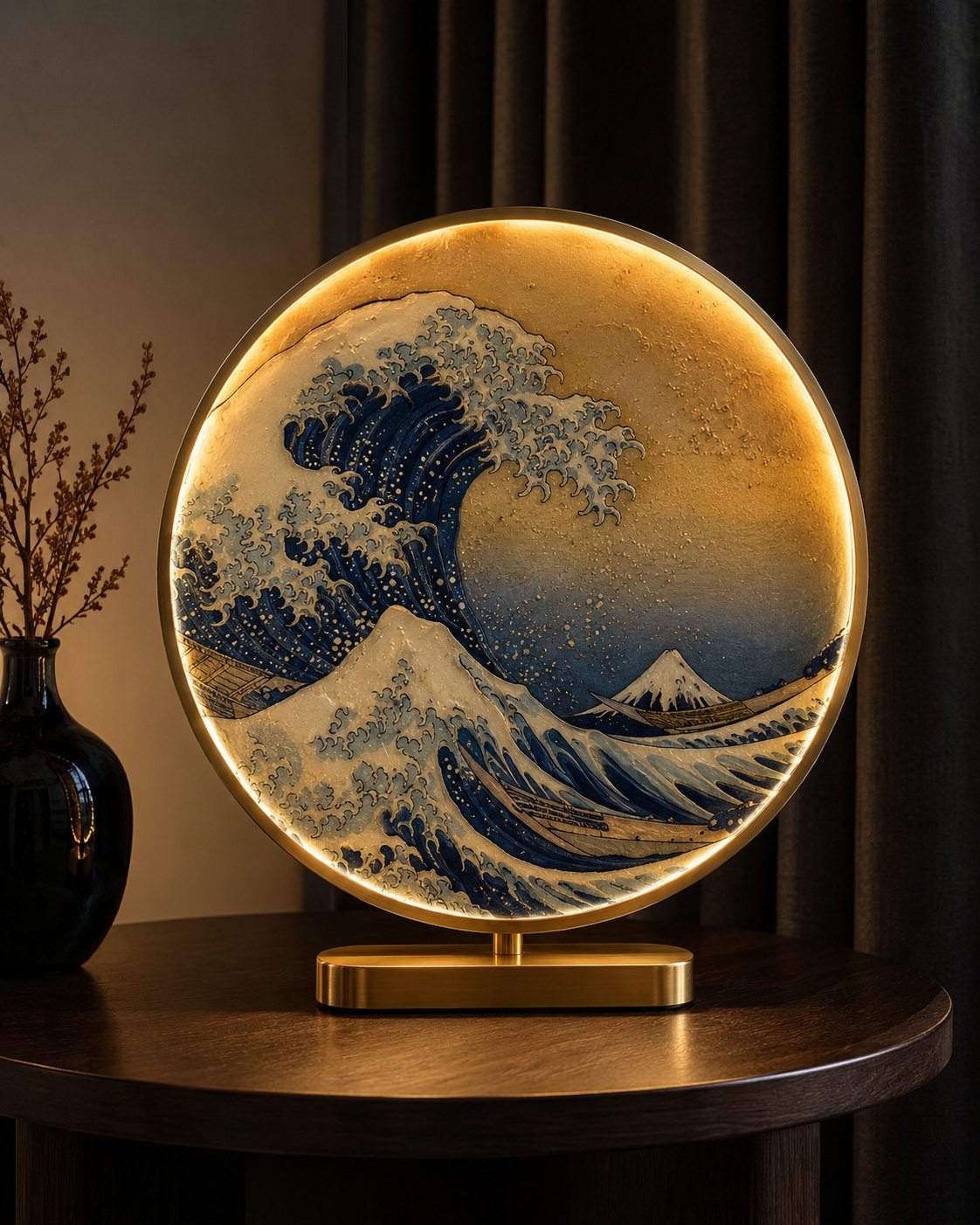 A Hokusai Ring asztali lámpa bekapcsolva: hátulról világított kék-arany hullámmotívumos képtábla sárgaréz keretben