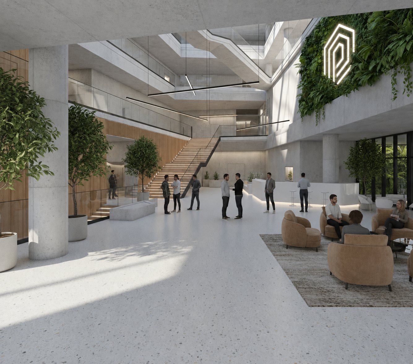 Research campus atrium visualisation: exposed concrete columns, terrazzo floor, wide stair, green wall under the gallery, reception desk and lounge seating