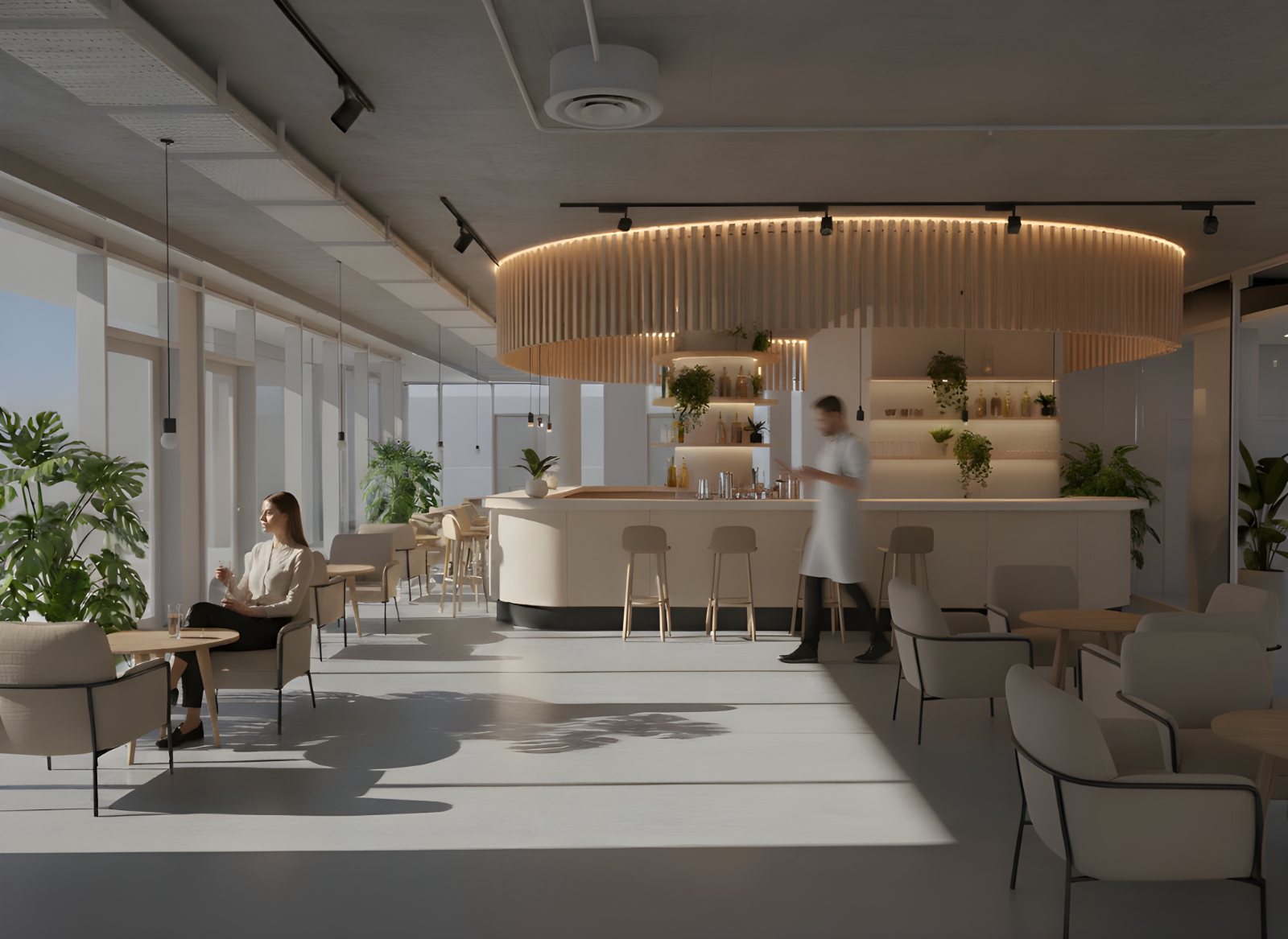 Café visualisation: a lit ring of timber battens above the round counter, plants, low armchairs and round tables along the glazed facade