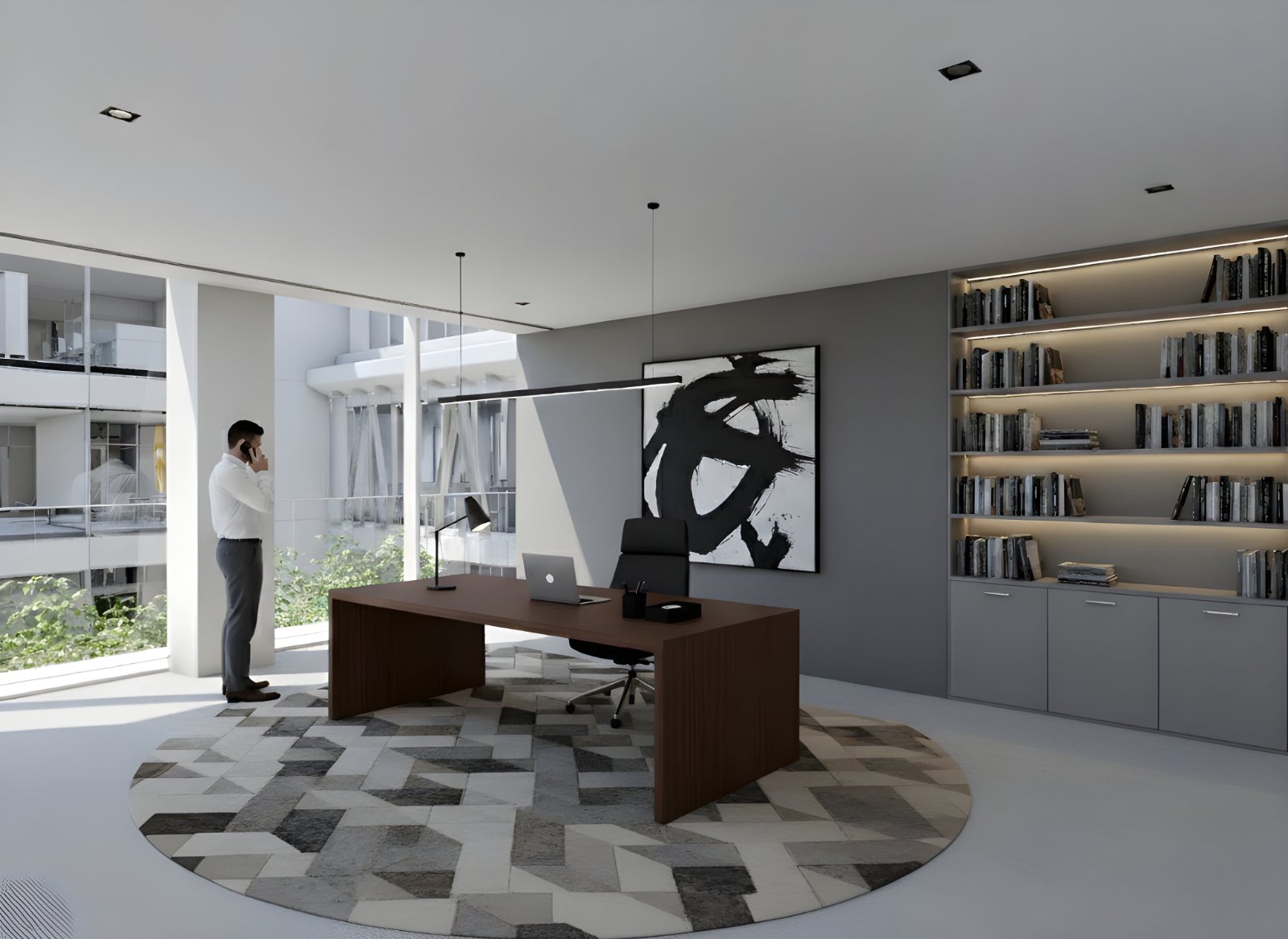 Director office visualisation: dark timber desk, built-in lit bookshelf, large calligraphic artwork, patterned round rug