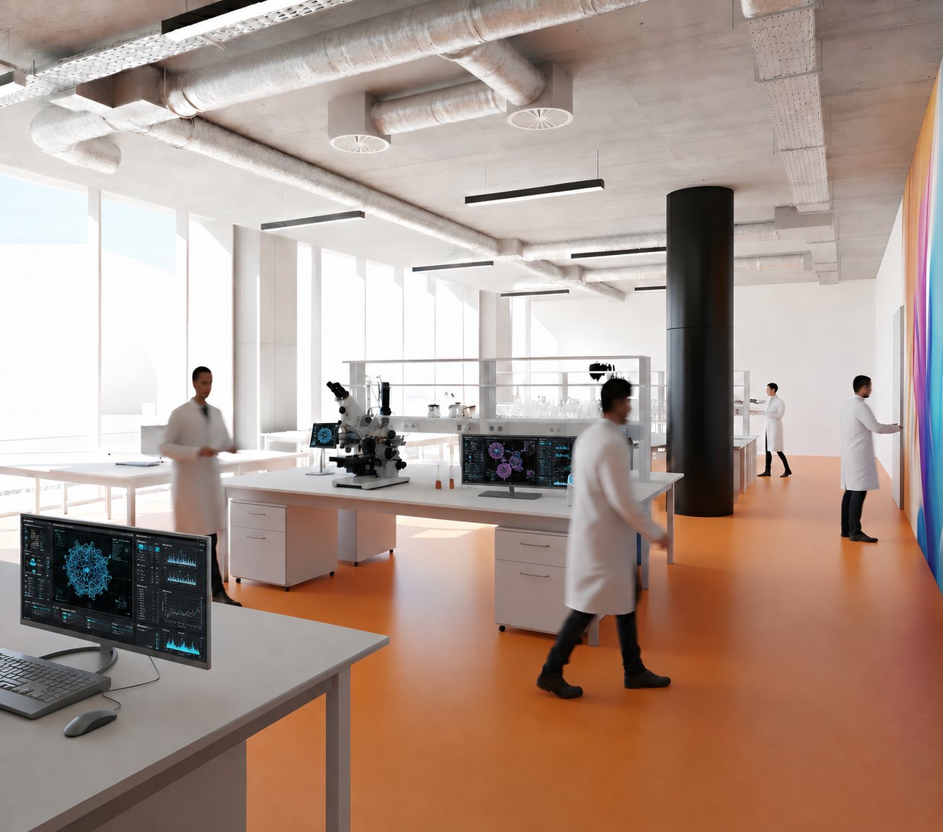 Research laboratory visualisation: orange resin floor, white benches with microscope and monitors, exposed ductwork overhead, full-height glazing