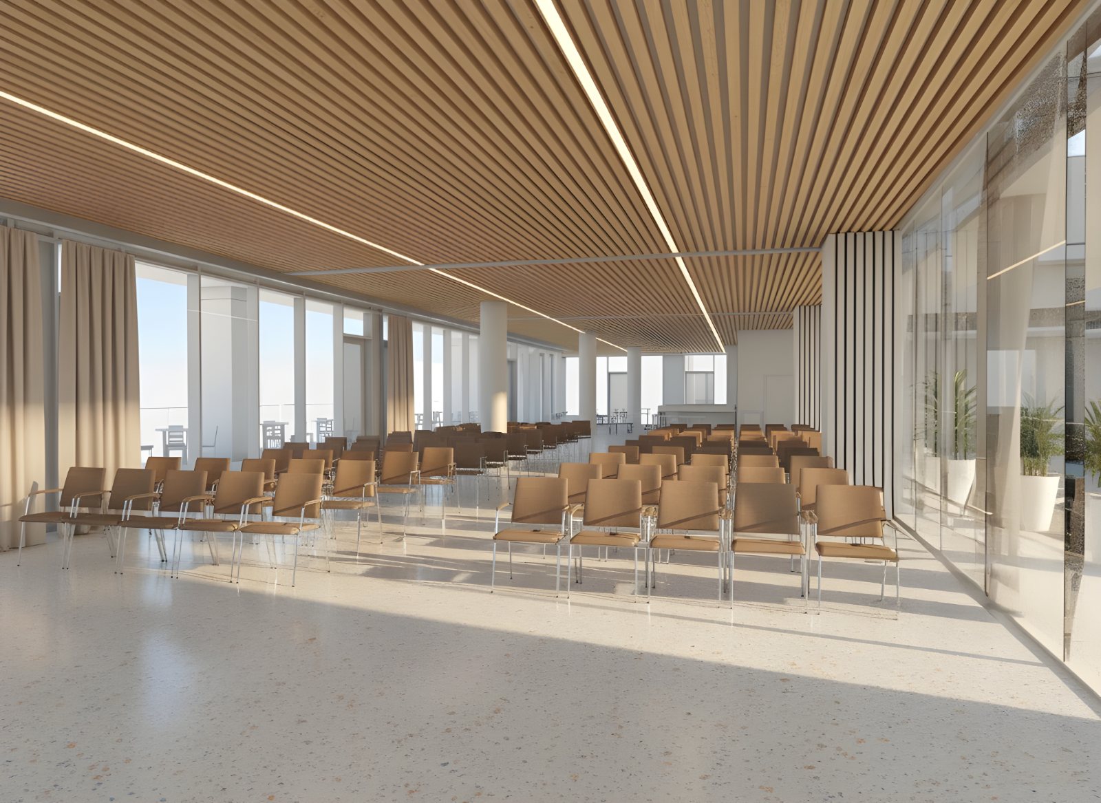 Lecture room visualisation: slatted timber ceiling, fabric curtains in front of the large glazed wall, rows of chairs on terrazzo