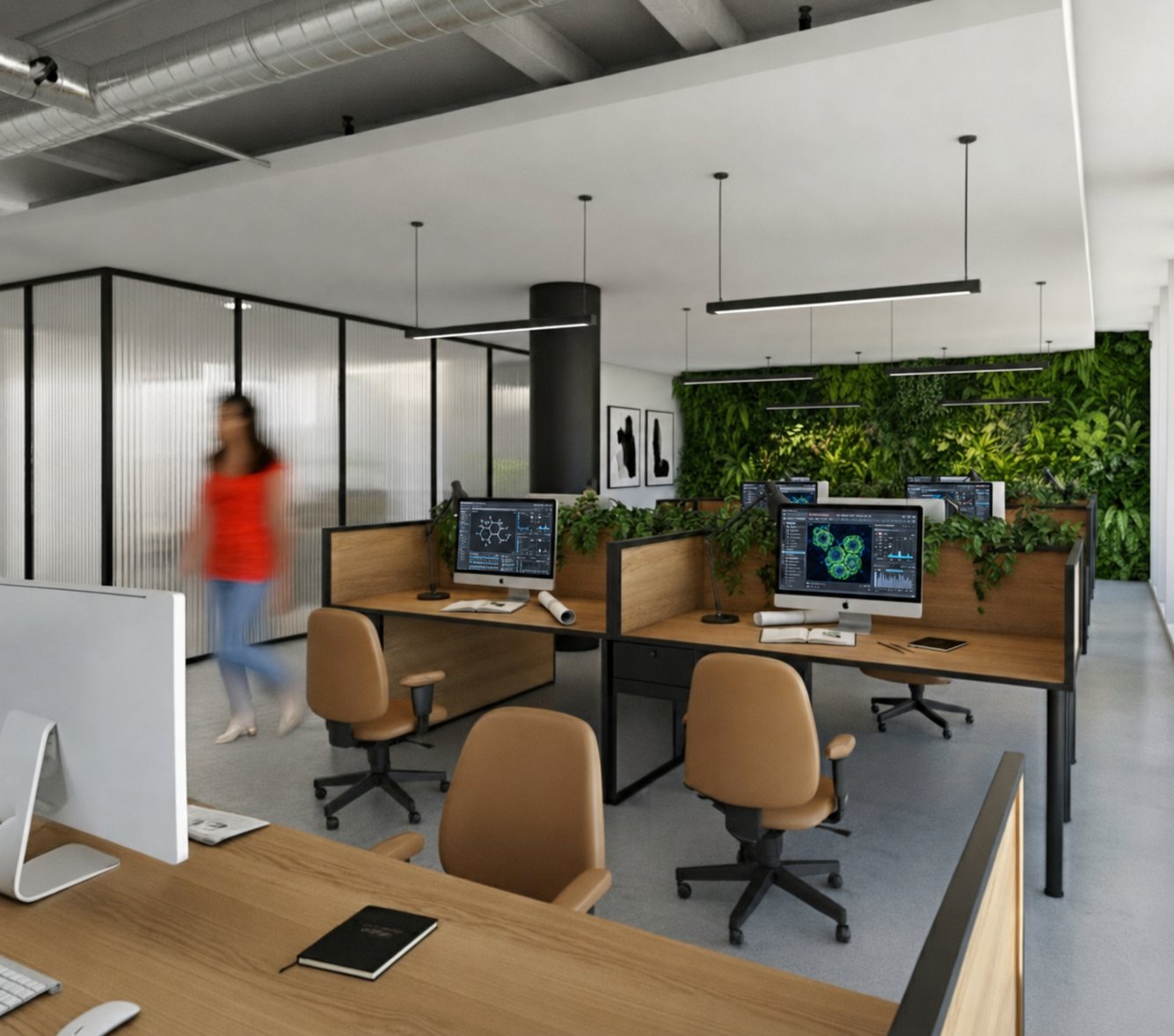 Open office visualisation: timber desks with planted dividers, green wall behind, reeded glass partition, exposed structure