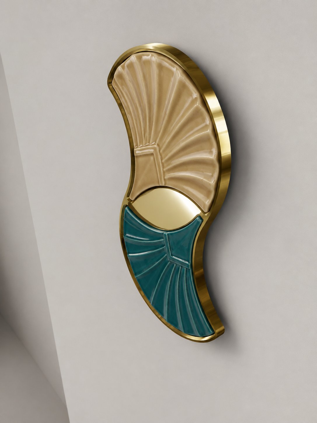 The Just Play wall light seen at an angle: the brass frame and the relief of the ceramic plates