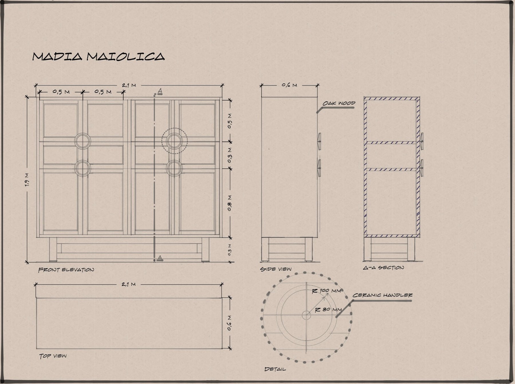 Technical drawing of the Madia Maiolica: dimensioned front elevation, side view, A–A section, top view and a detail of the ceramic handle