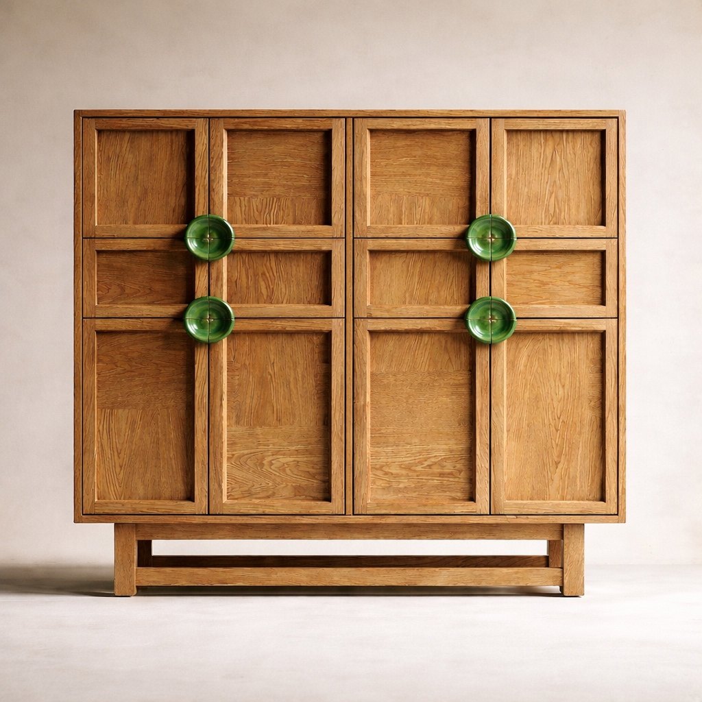 The Madia Maiolica cabinet from the front: a solid oak framed grid front with four green maiolica plate handles