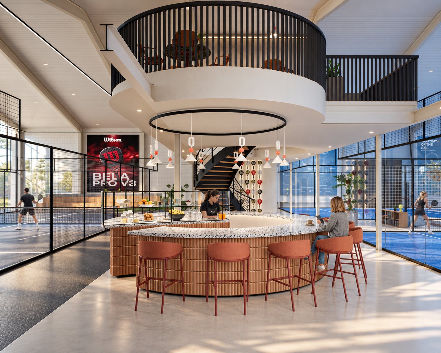 Round bar with ribbed terracotta cladding and terrazzo top, the curved gallery edge above, courts behind
