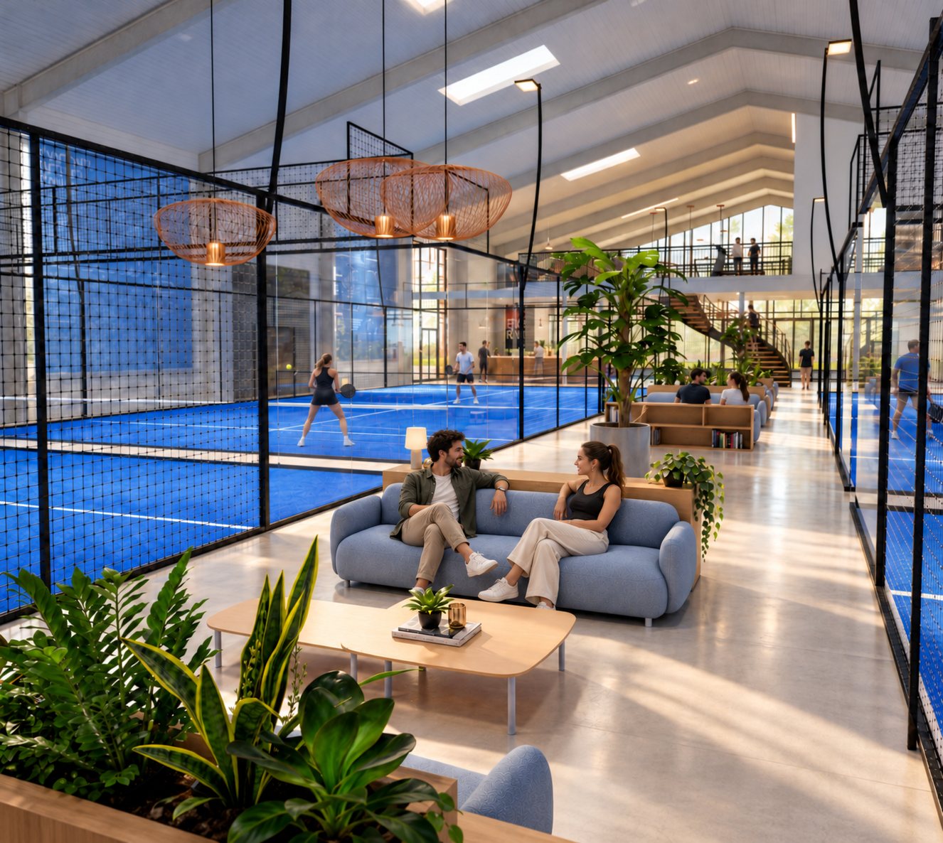 Two guests on a sofa beside the court mesh, rattan pendants above