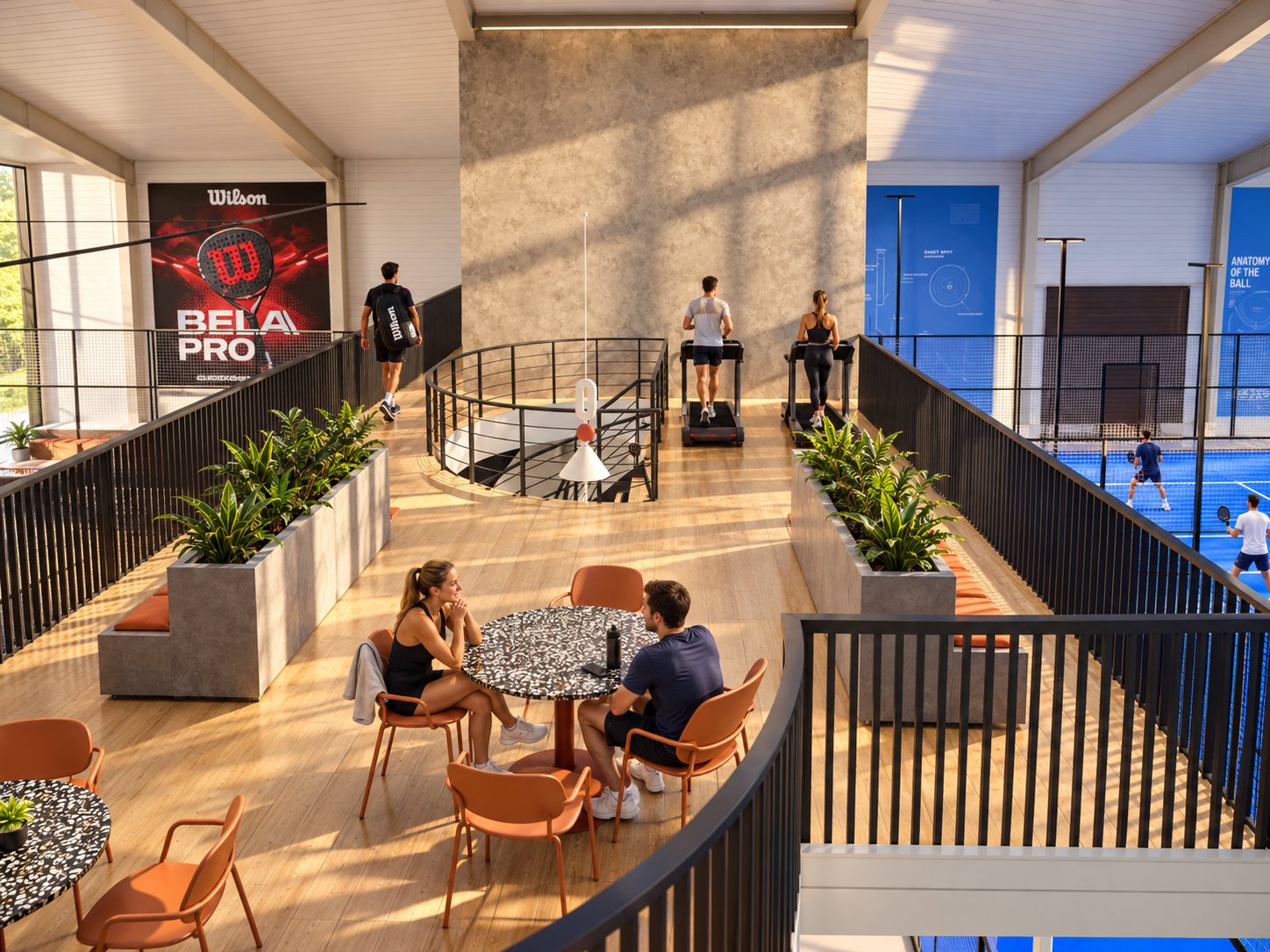 The gallery: café tables with orange chairs, treadmills, a railing above the courts
