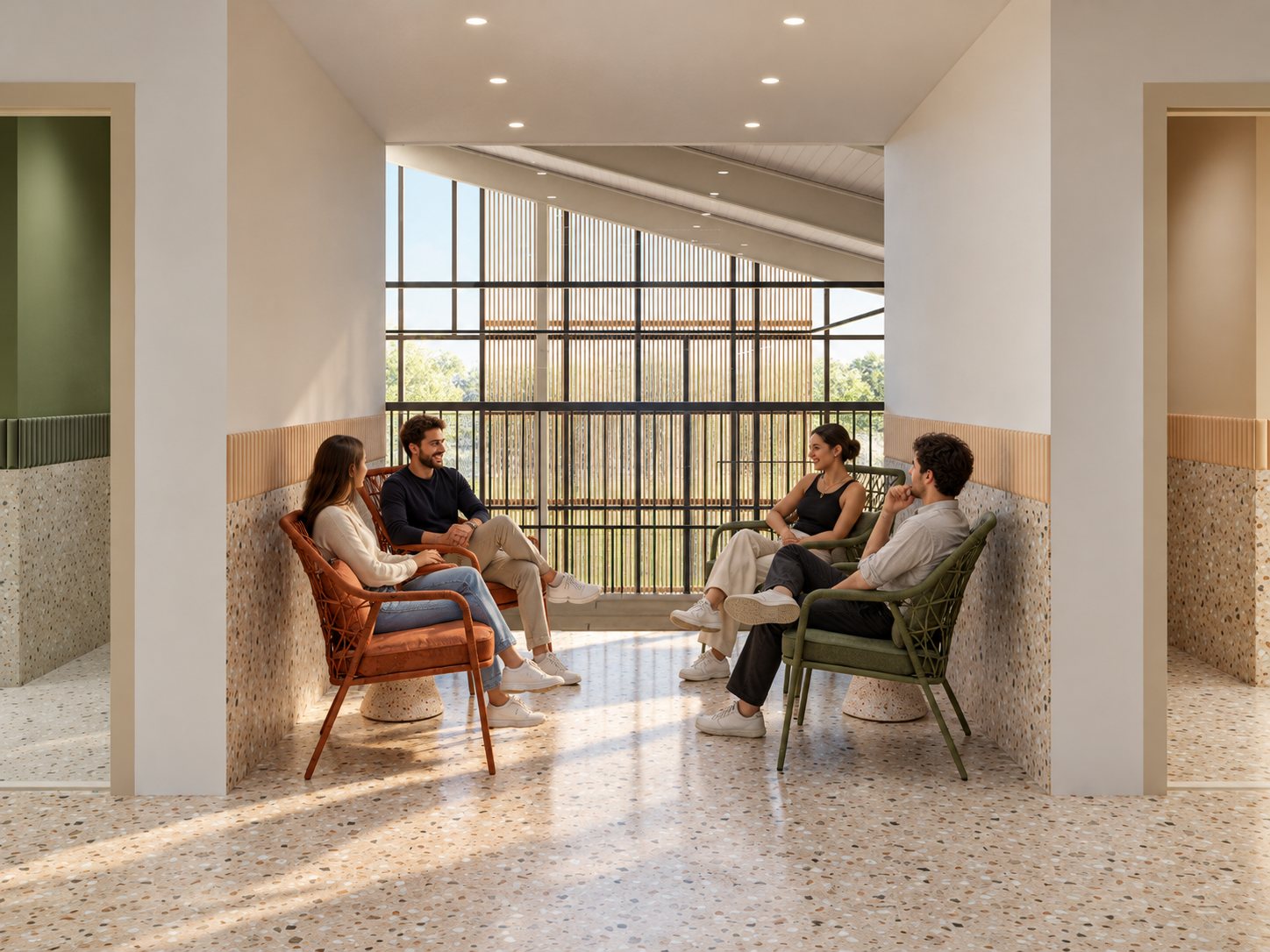 Four guests in woven armchairs in a gallery alcove, terrazzo dado, ribbed timber band, slatted glass wall behind