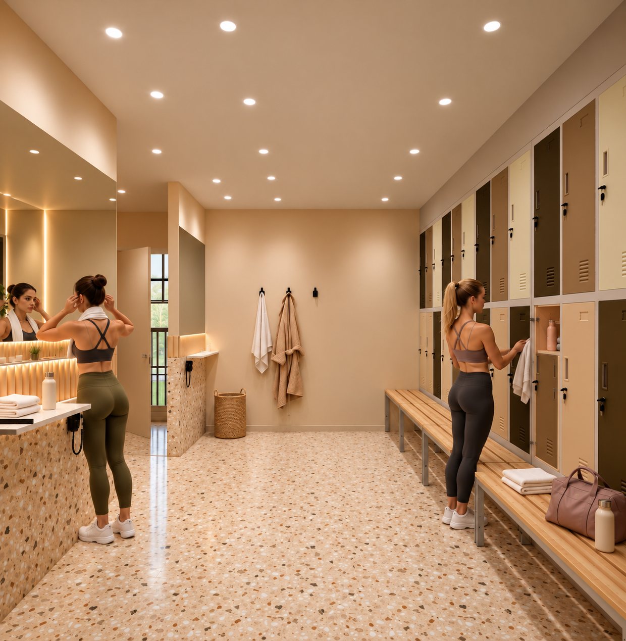 Women's changing room: coloured lockers, timber bench, terrazzo counter with concealed light under the mirrors