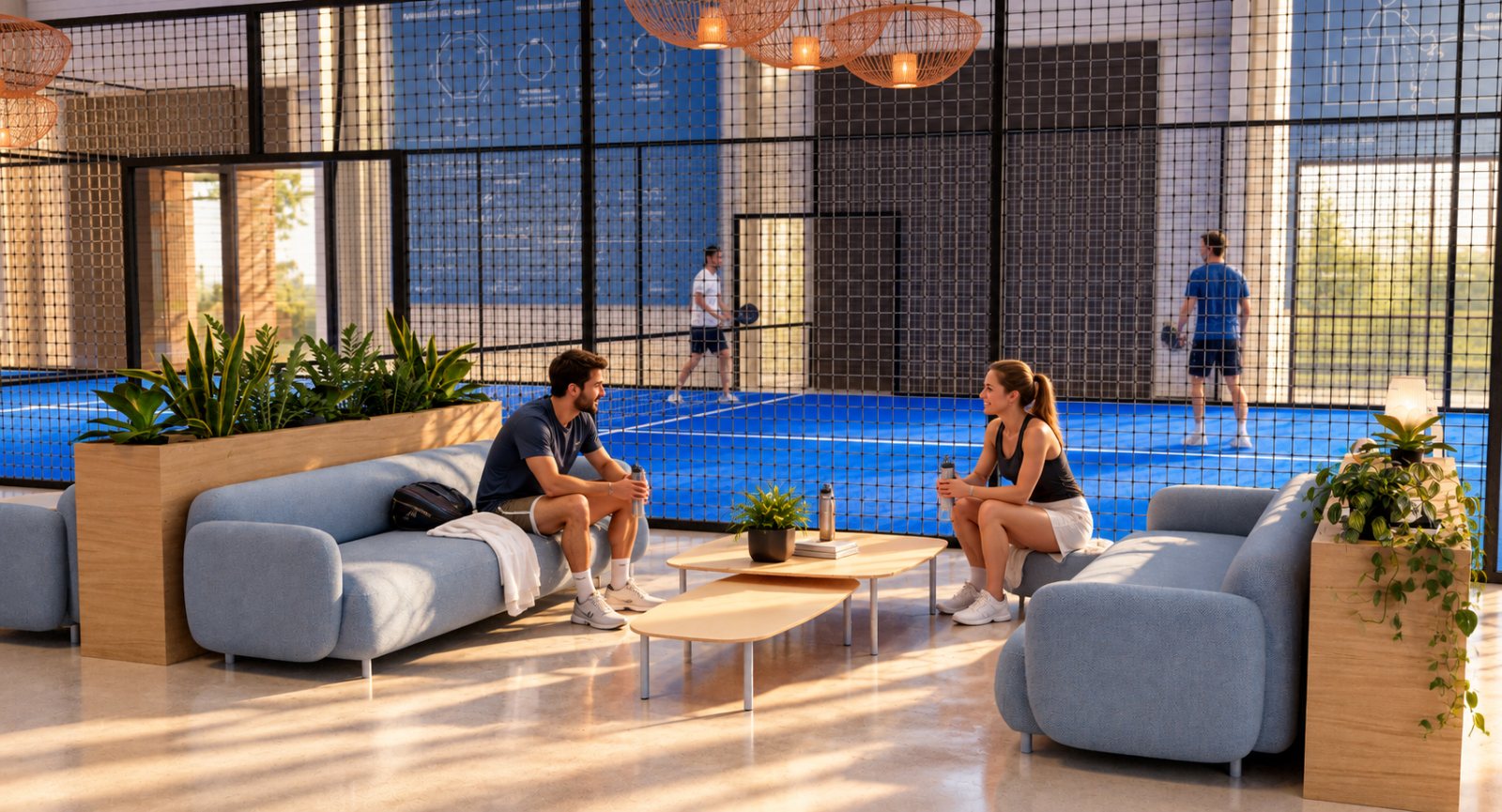 Long walkway between the courts with blue sofas, rattan pendants and plants, the gallery at the far end