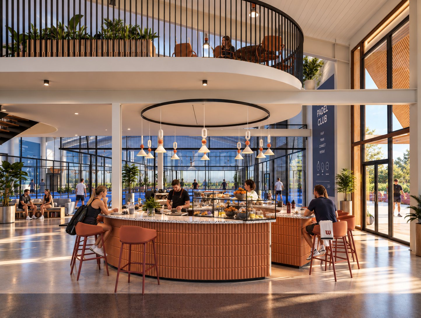 Round reception and bar counter seen from the entrance, terrazzo top, ribbed terracotta cladding, a circular light ring and the gallery above, the courts behind