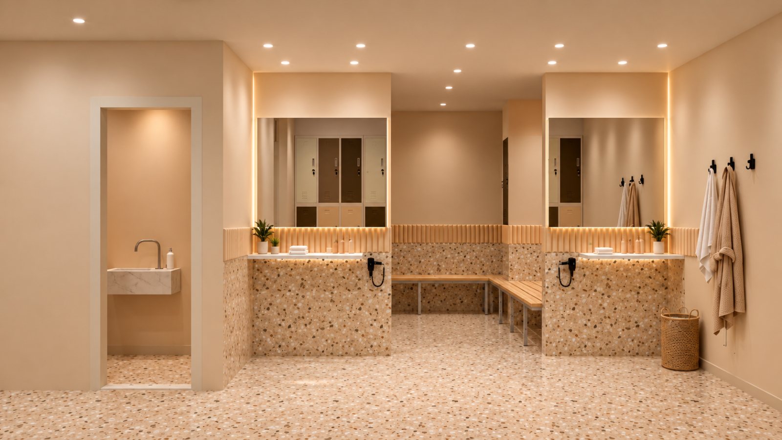 Changing room with mirror bays, terrazzo counters and a timber bench in warm concealed light