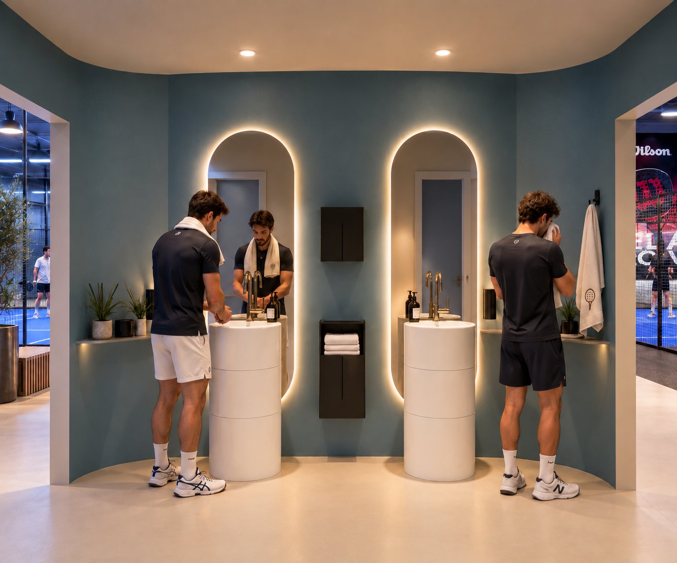Washroom with blue-grey walls, two column basins and oval halo-lit mirrors