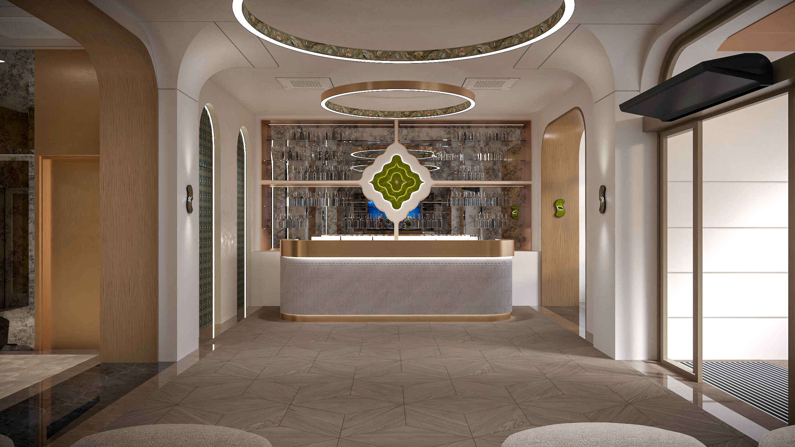 Bar counter with a curved copper edge, an antiqued mirrored back bar and a green geometric illuminated motif