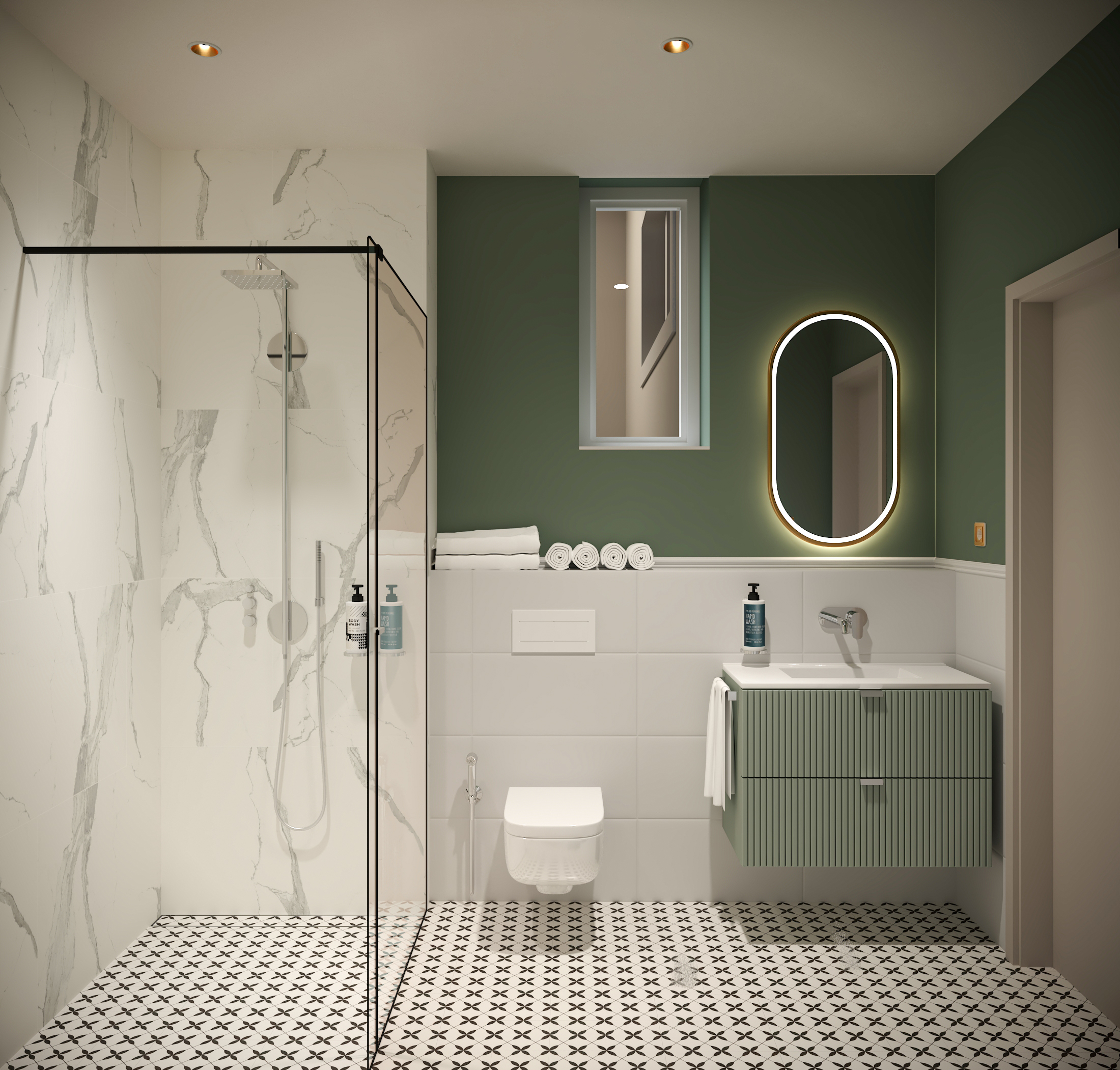 Bathroom with a green wall, marble-effect shower enclosure, fluted green vanity and patterned floor tiling
