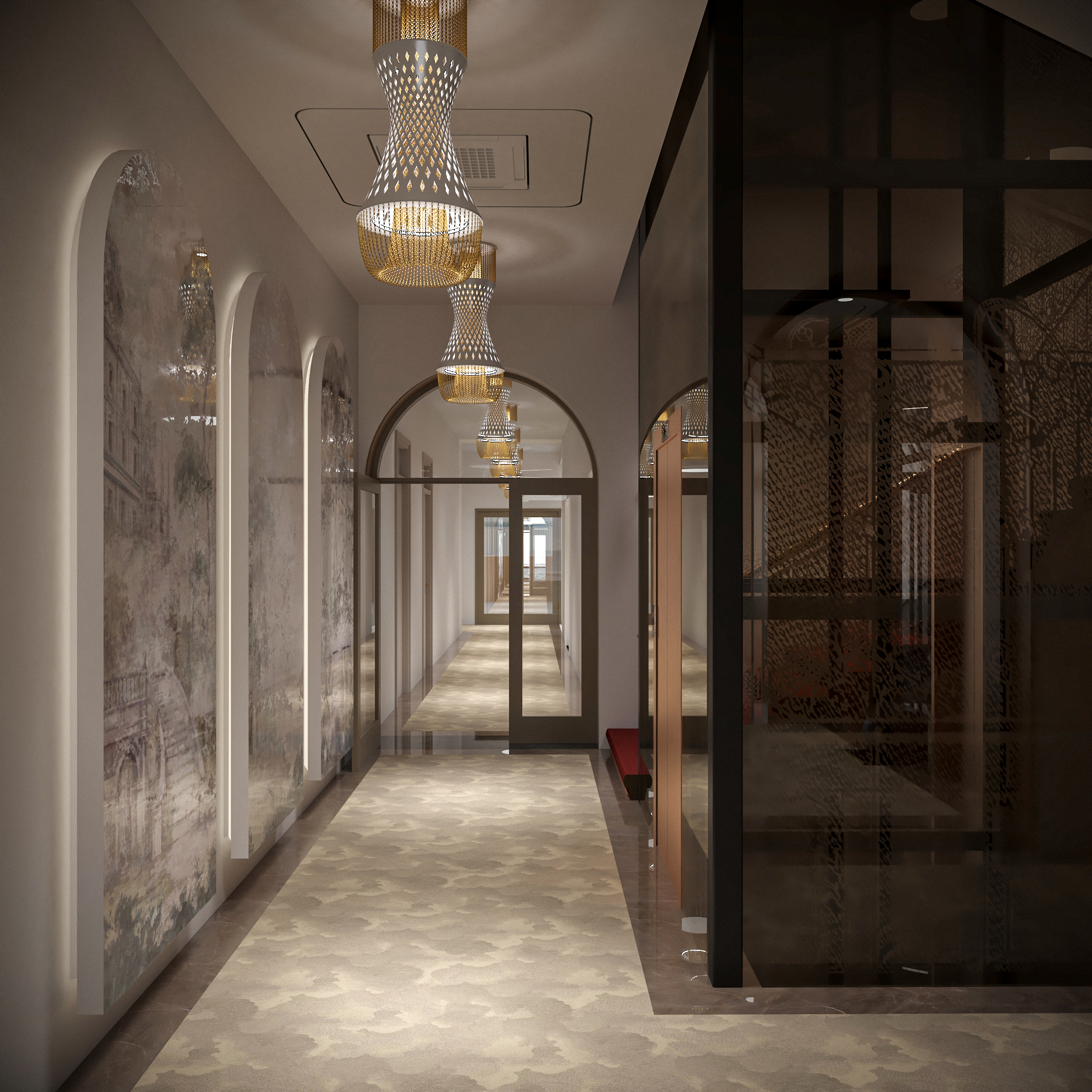 A row of EOS Slim chandeliers along a hotel corridor