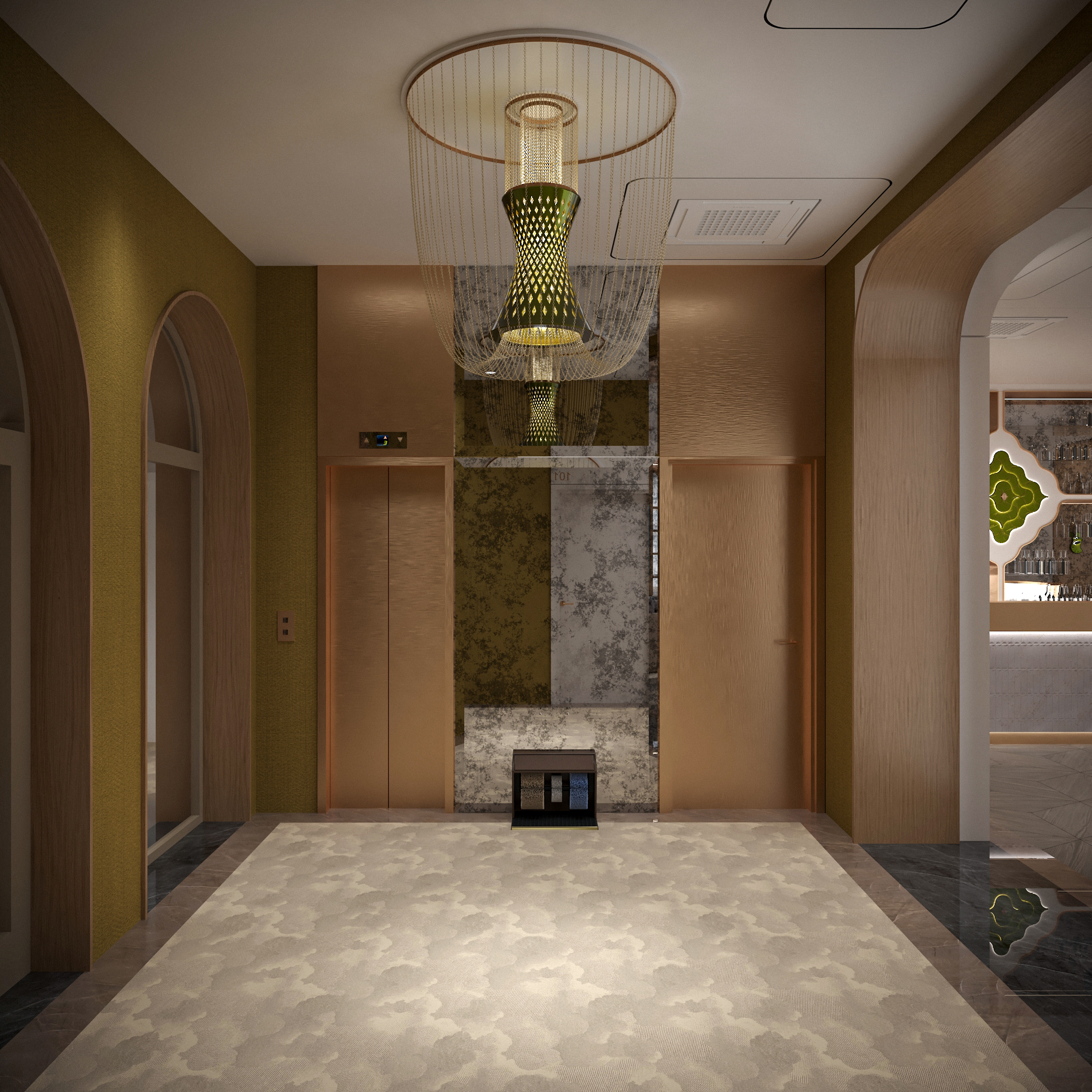 EOS Gravity chandelier in a lift lobby: eosin-glazed porcelain body with a long chain curtain