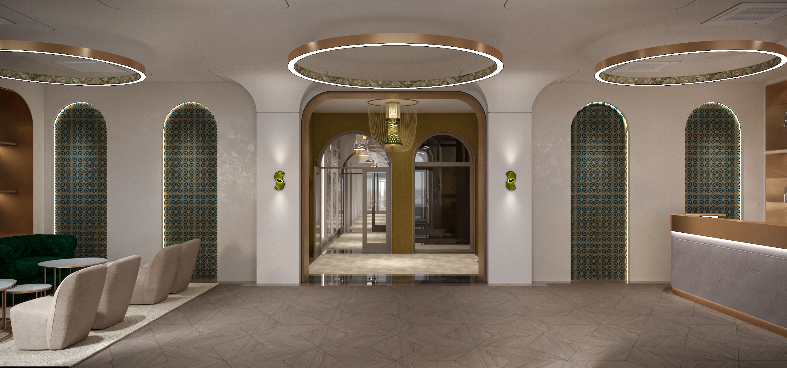 The hotel lobby: arched niches in patterned green and gold, a cloud-pattern carpet, copper ring ceiling lights and the reception desk