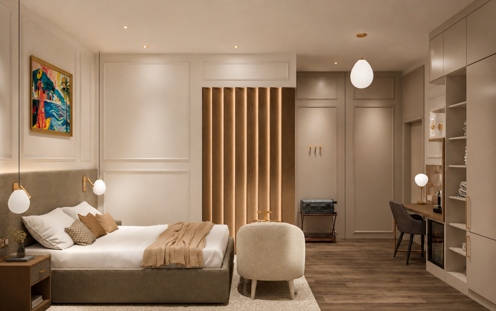 Room with a backlit fluted oak panel, upholstered headboard and a round ottoman