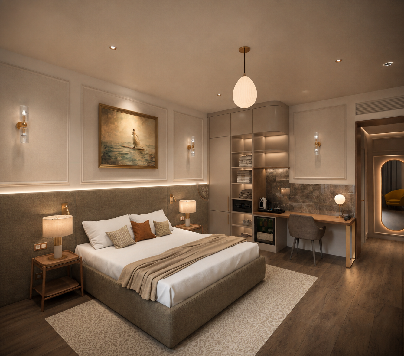 Room with an upholstered wall panel behind the bed, a painting of a bather, long desk and integrated minibar
