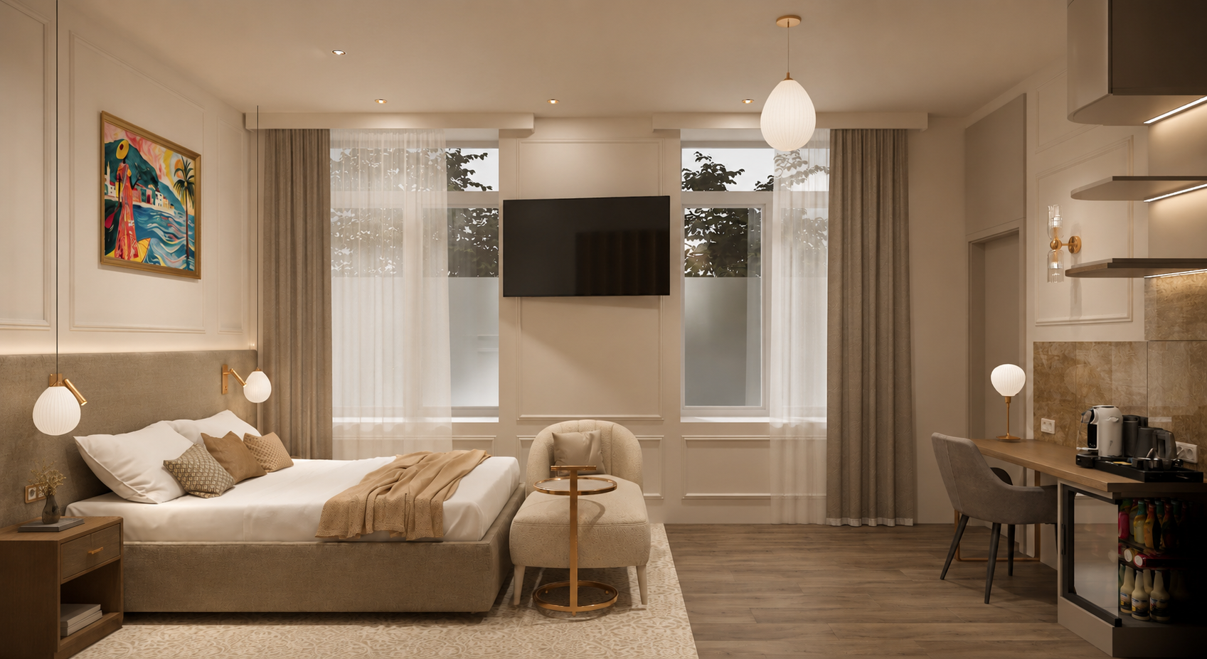 Room with two windows, a wall-mounted television between them, a sage bed, armchair and timber worktop
