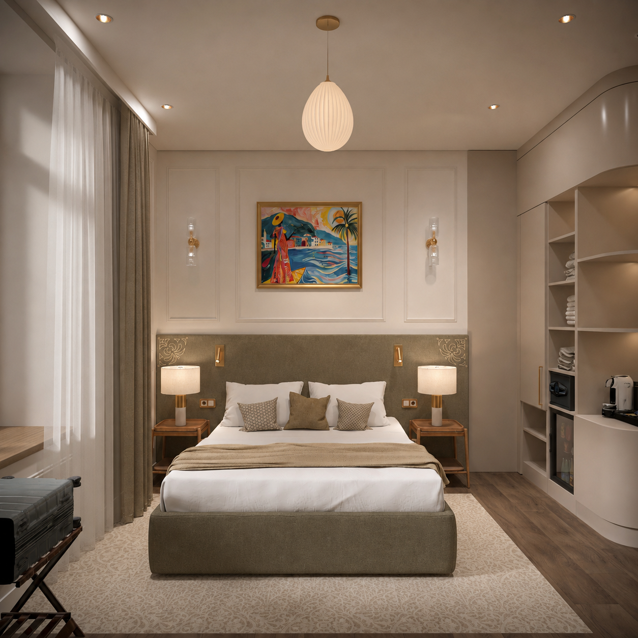 Room with a sage upholstered headboard, a colourful gilt-framed painting, two table lamps and fitted joinery