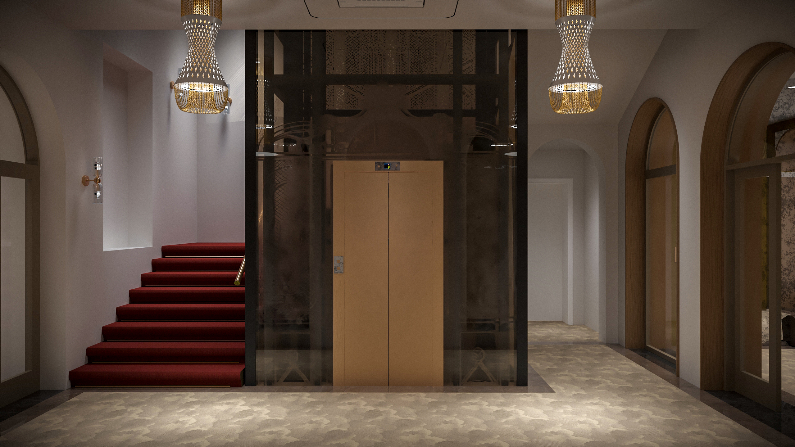 Staircase with a red runner beside a bronze-glass lift shaft with a timber door