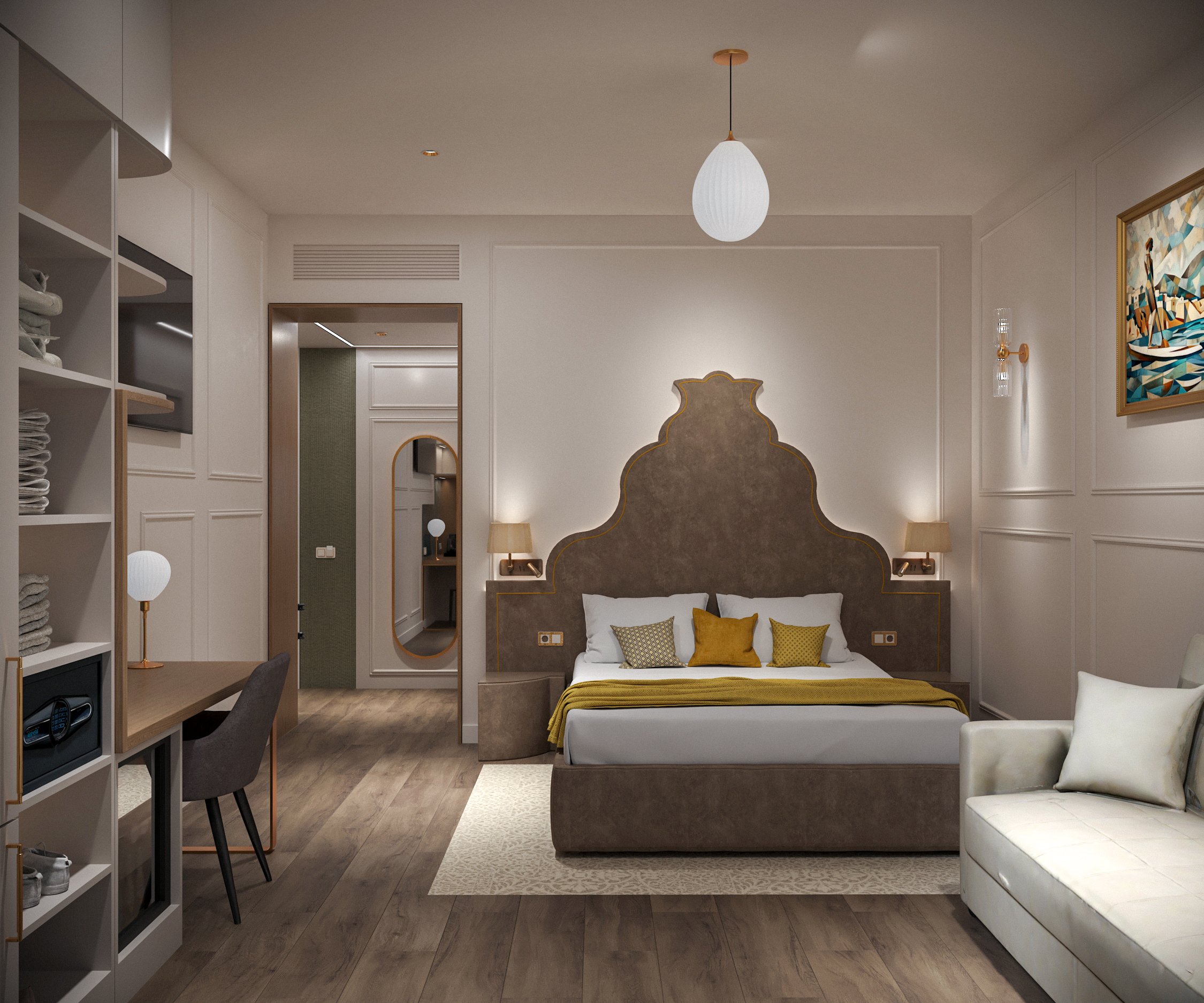 Suite seen from the entry: leather headboard, mirrored hallway, fitted shelving and a white daybed