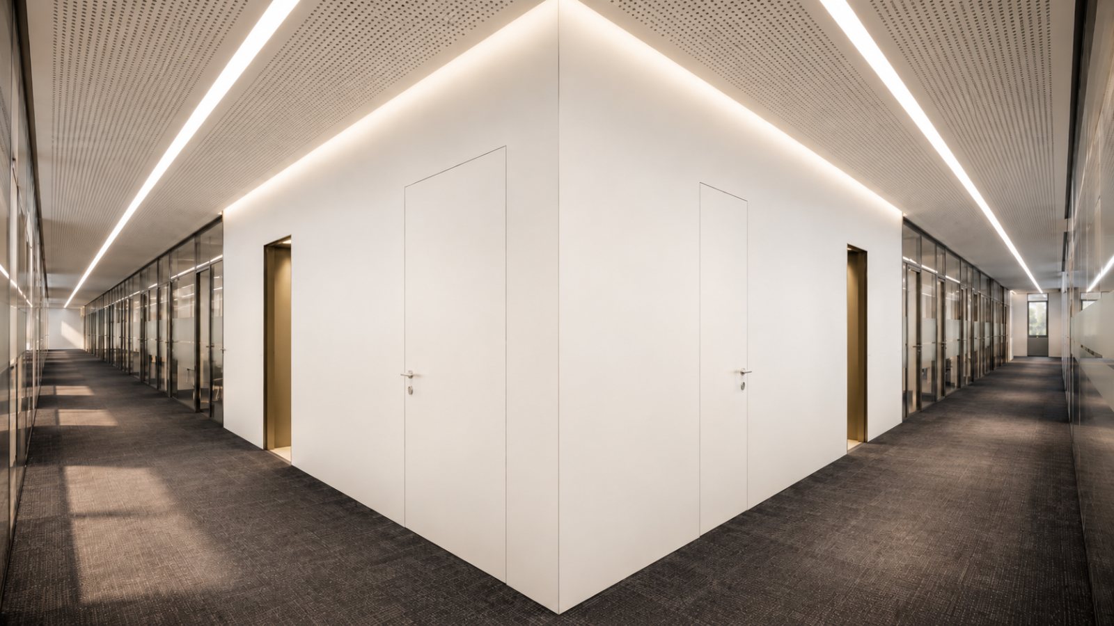 Office corridor visualisation: perforated ceiling band, concealed light lines, glazed partitions, brass door reveals