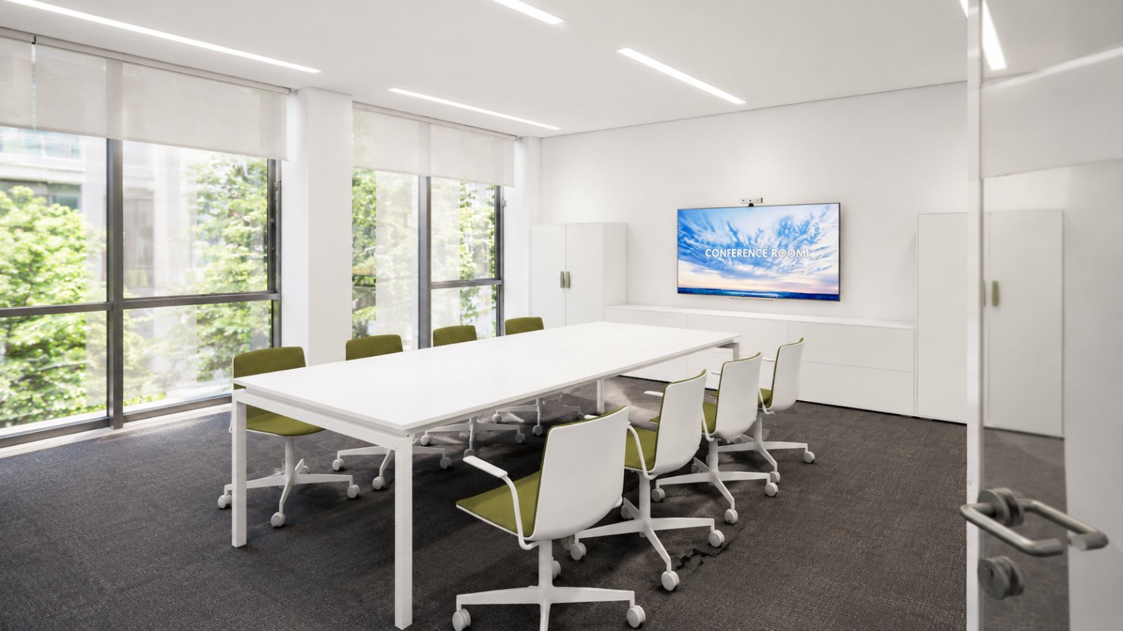 Meeting room visualisation with green upholstered chairs, white table, glazed door and windows onto the trees