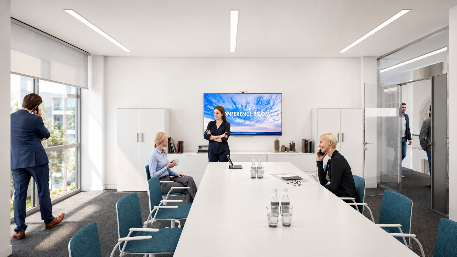 Meeting room visualisation: long white table, teal upholstered chairs, wall screen, glazed wall to the corridor