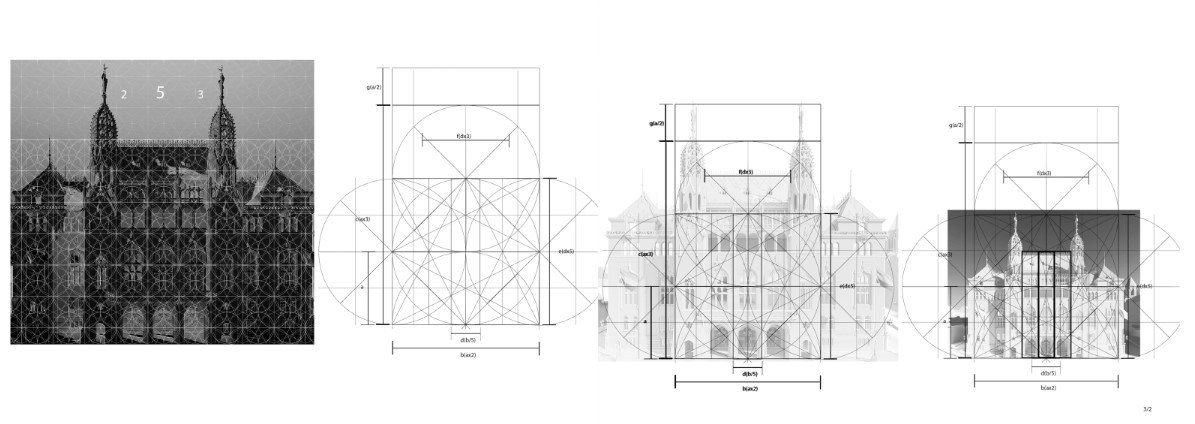 Four construction drawings: Fellner facade mapped onto the Modulus web, with proportions and arcs marked
