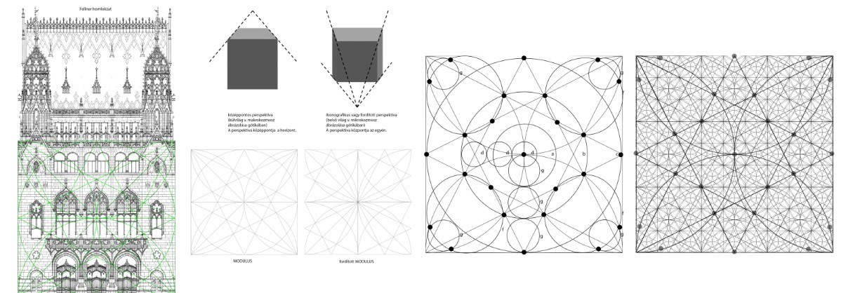 Construction sheets: line drawing of the Fellner facade, central and inverted perspective diagrams, the Modulus and inverted Modulus webs