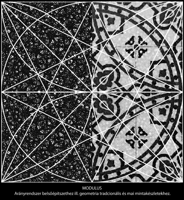 The Modulus proportional system: a black-and-white square with a constructed web of arcs and lines, Gothic tracery on one half, a traditional pattern set on the other