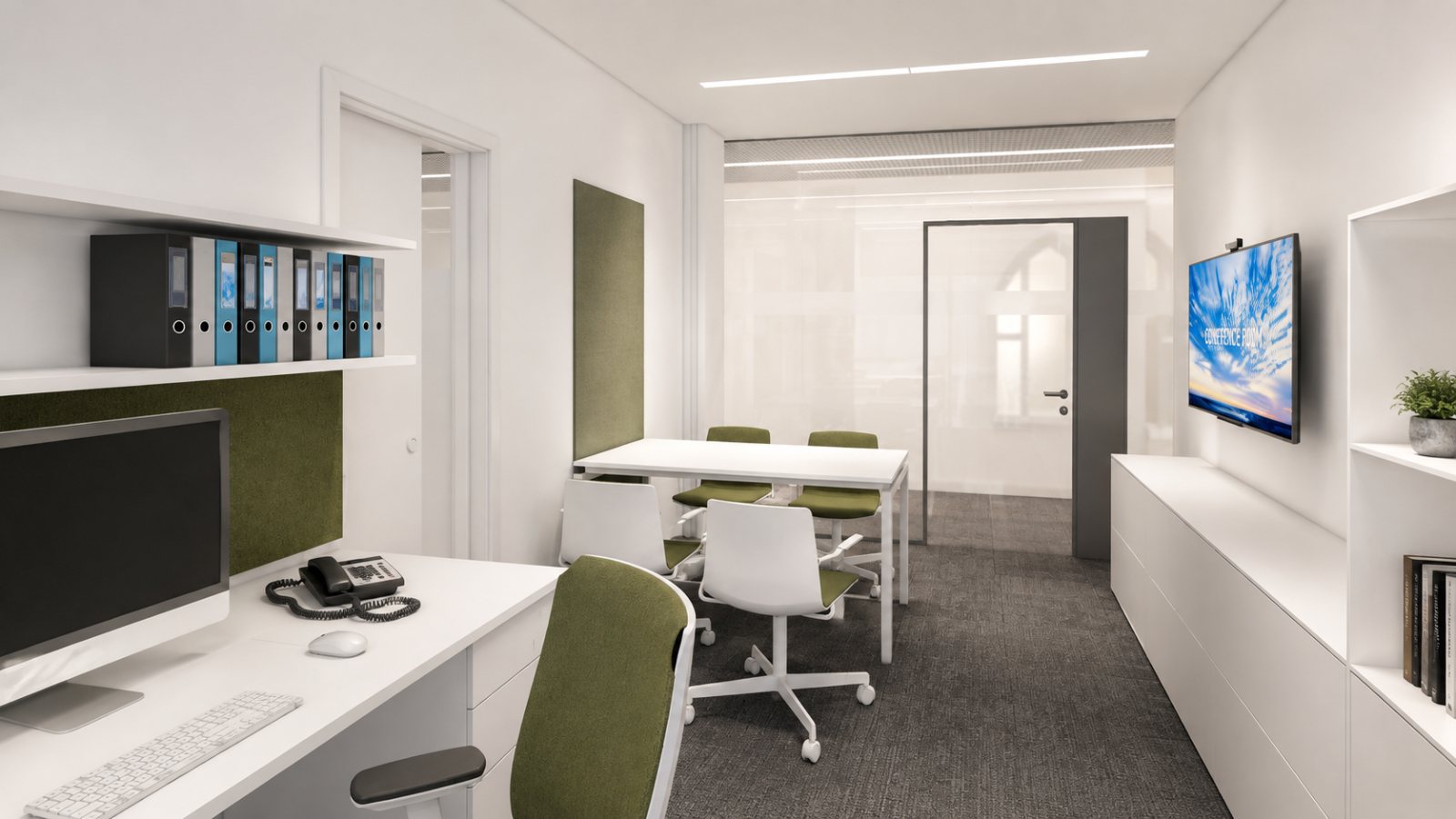 Small office visualisation: desk, green acoustic panel, four-seat meeting table, glazed partition