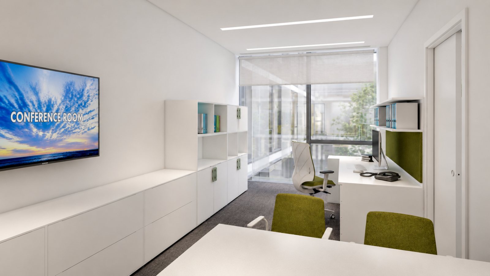 Office visualisation with a glazed partition onto the courtyard atrium, white storage run and green upholstered chairs