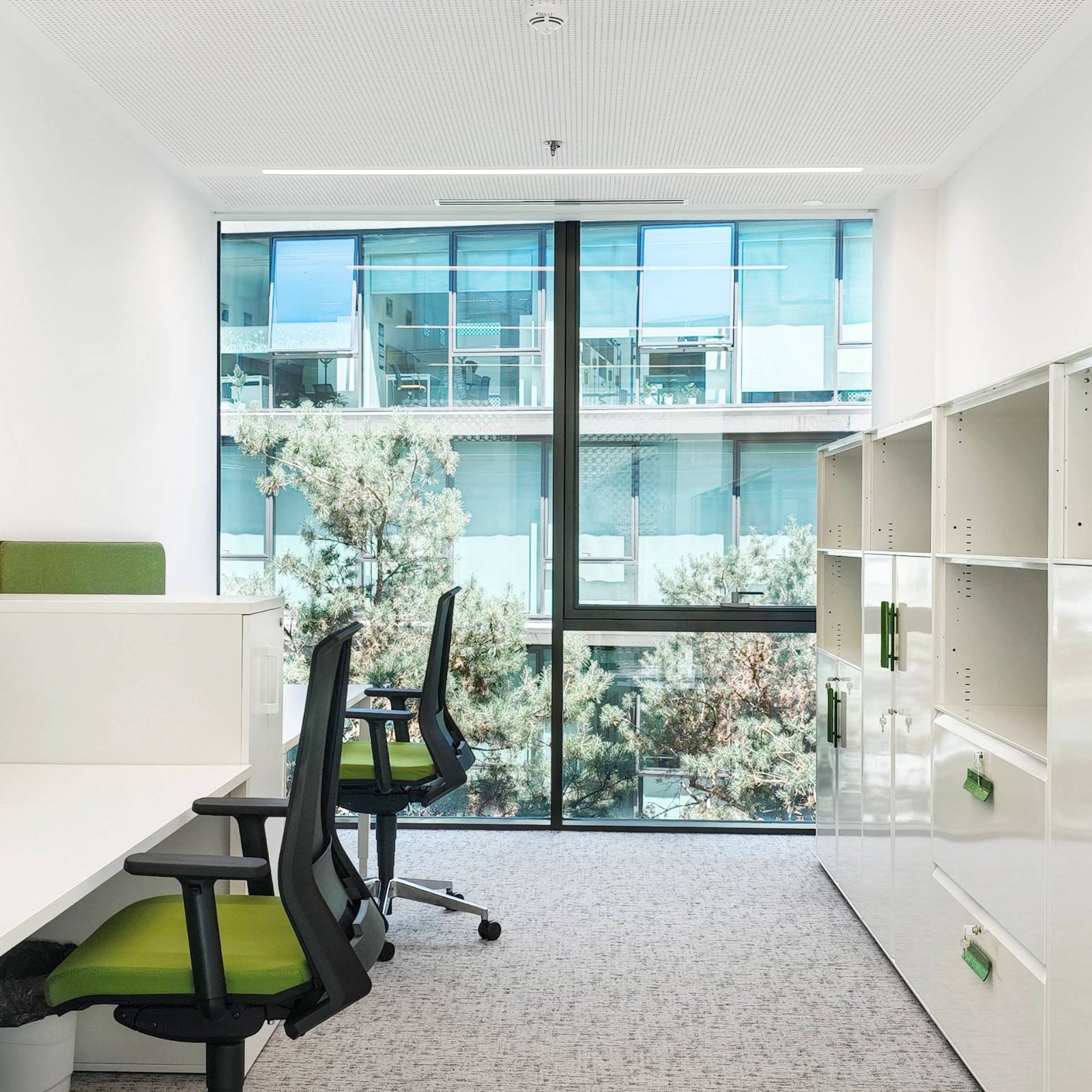 Cellular office in the completed building: white furniture, green seat pads, full-height glazing onto the planted courtyard