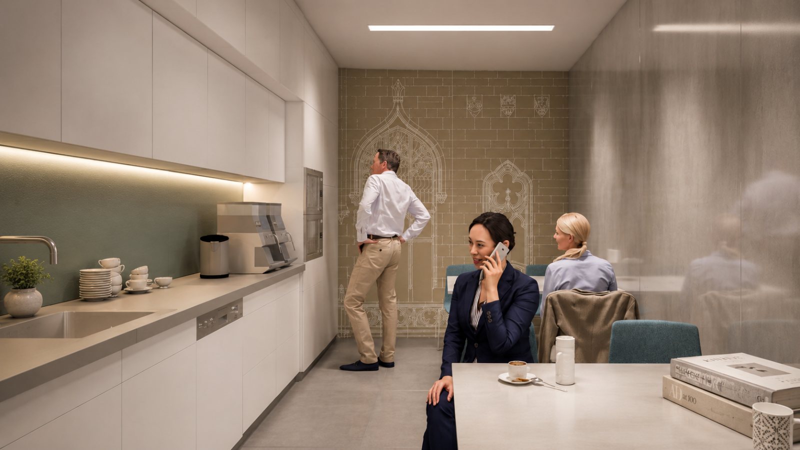 Tea point visualisation: white run of units, coffee machine, a line drawing of the facade Gothic openings on the opposite wall