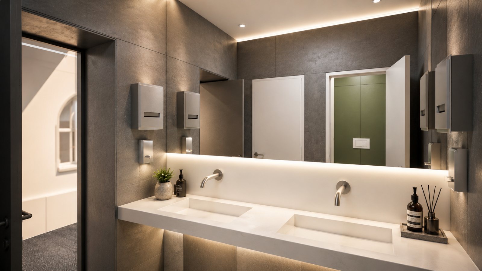 Sanitary block visualisation: dark stone cladding, backlit mirror band, two integrated basins