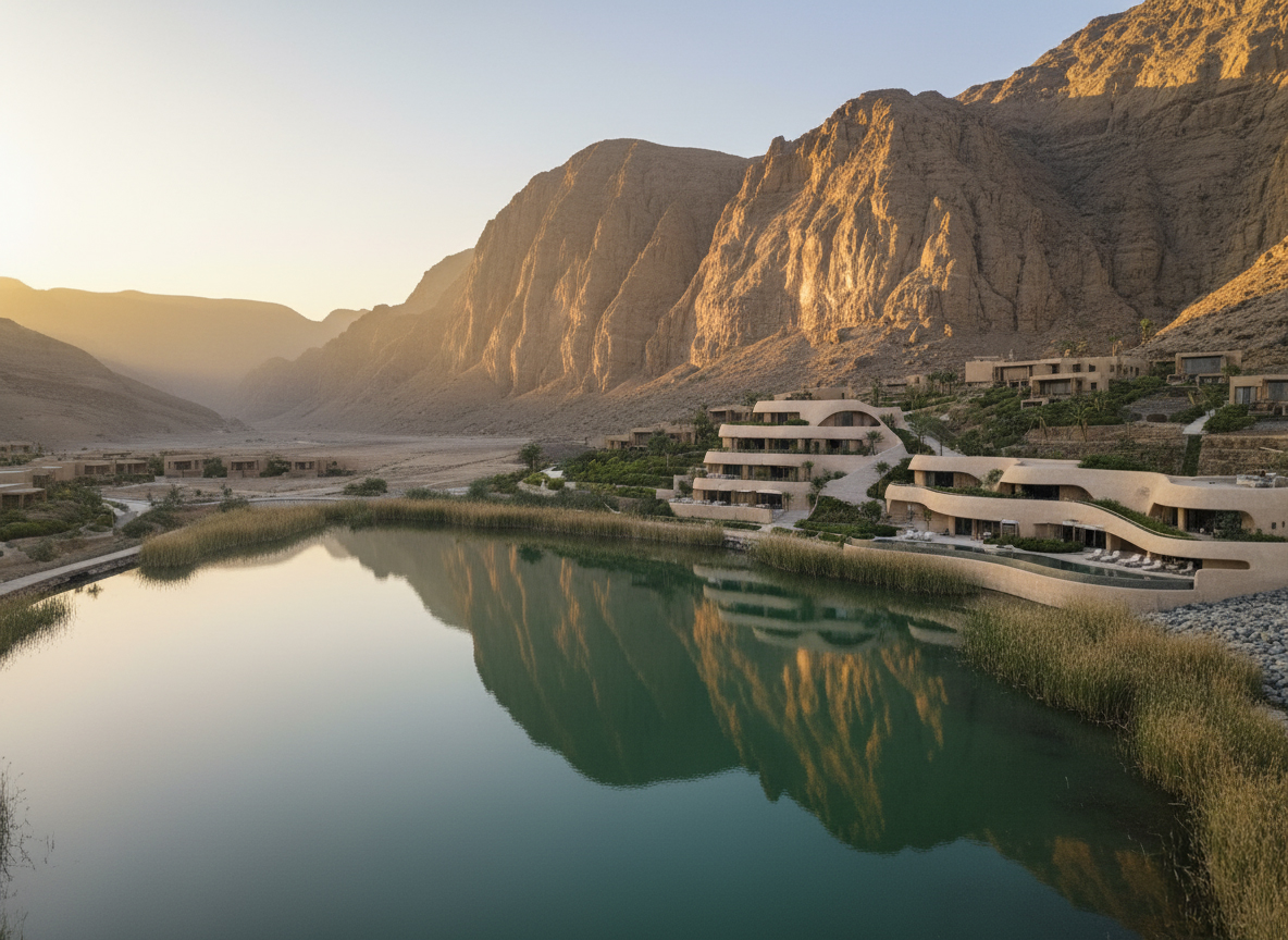Visualisation of the Ras Al Khaimah resort: a reed-edged lake in a Hajar mountain valley with sand-coloured units
