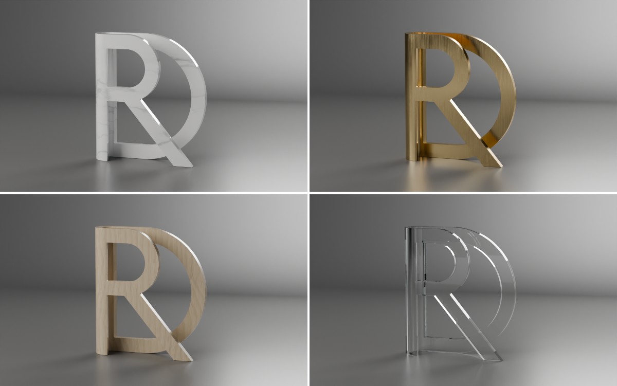 The Ren Design mark as a three-dimensional object in four finishes: marble, gold, oak and glass