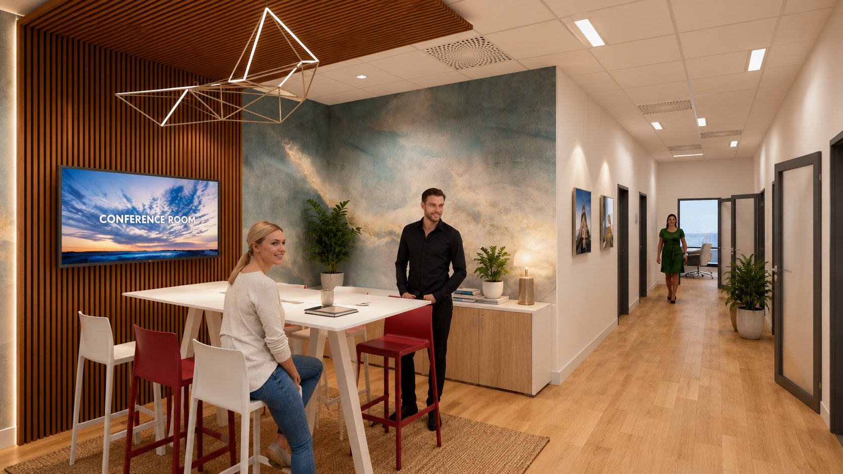 Design render: a high table in front of the meeting room, a corridor alongside, building photographs on the walls