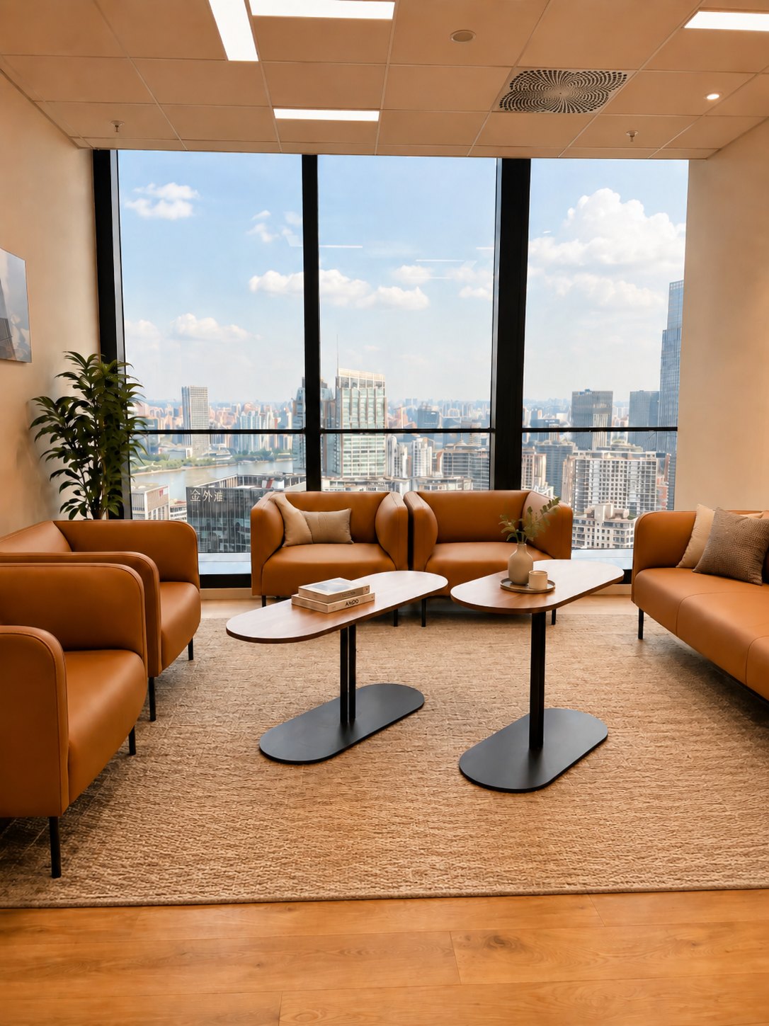 Lounge with tan leather sofas and armchairs, a wool rug, and a view of Shanghai through the façade window